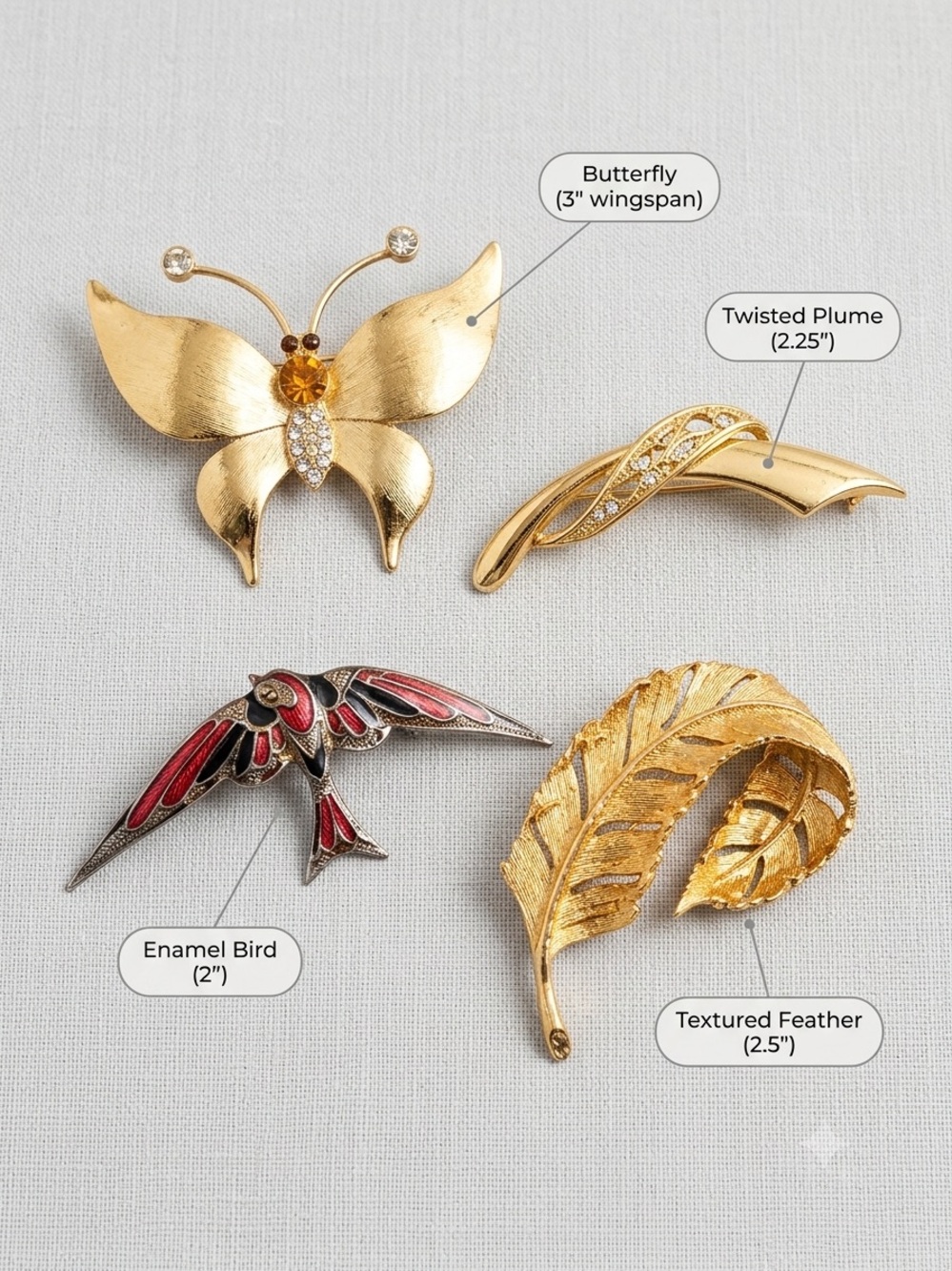 Matched Vintage Jewelry Collection: Gold Plated & Enamel Brooch Lot (Set of 4)